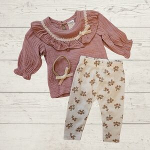 Badgley Mischka Gauze Top With Floral Ribbed Leggings And Velvet Bow Headband